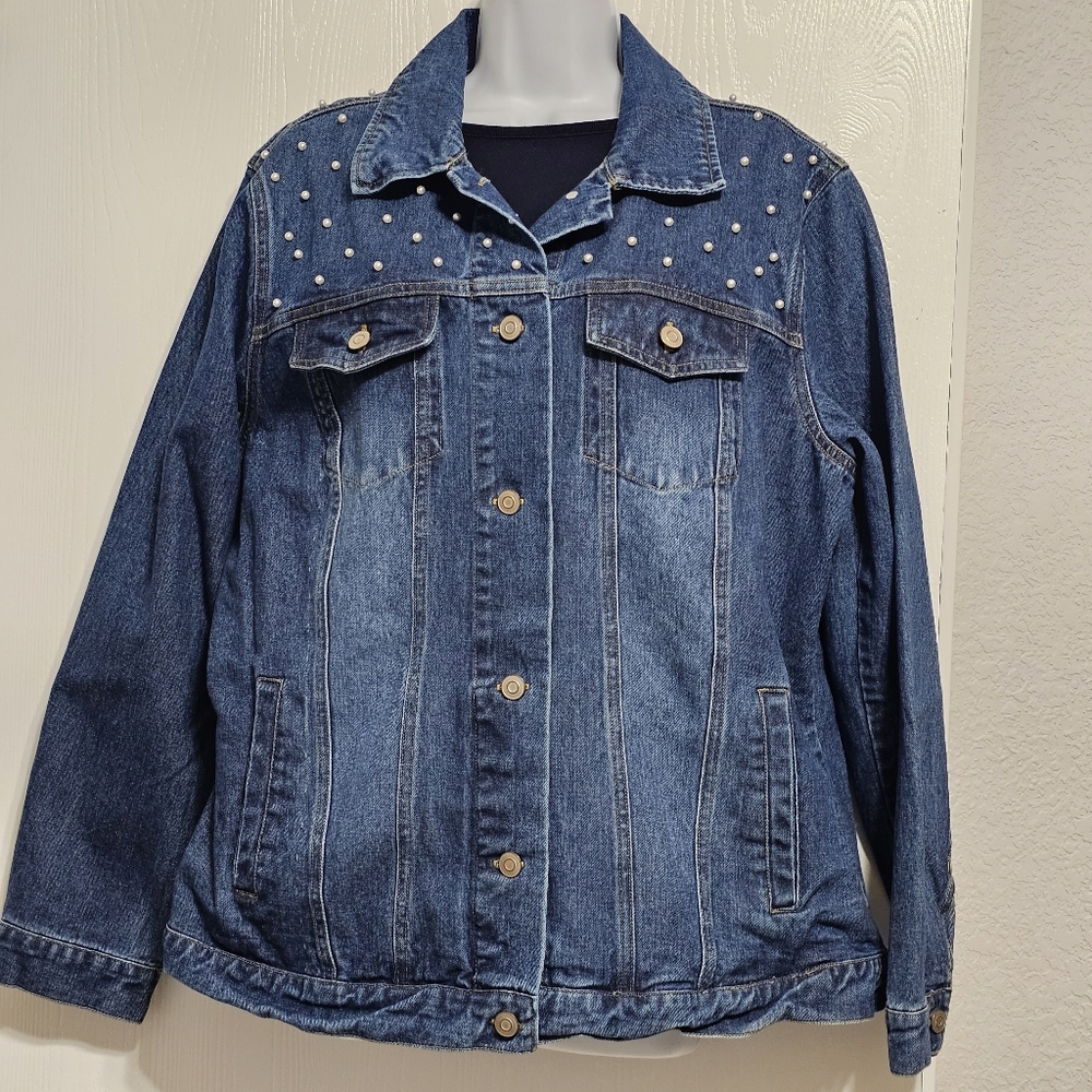 Tantrums Pearl-Embellished Dark Blue Denim Jacket